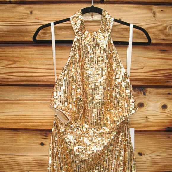 MAC DUGGAL 93976 Gold Open Back High Neck Sequin Gown Dress - Picture 10 of 15